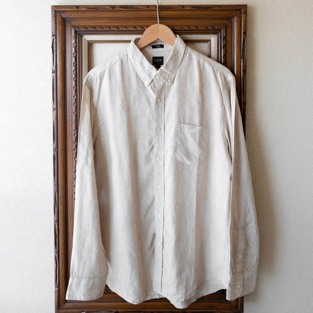 J. Crew Men’s Sz Large Beige Slim Fit Linen Blend Button-Down Long Sleeve Shirt